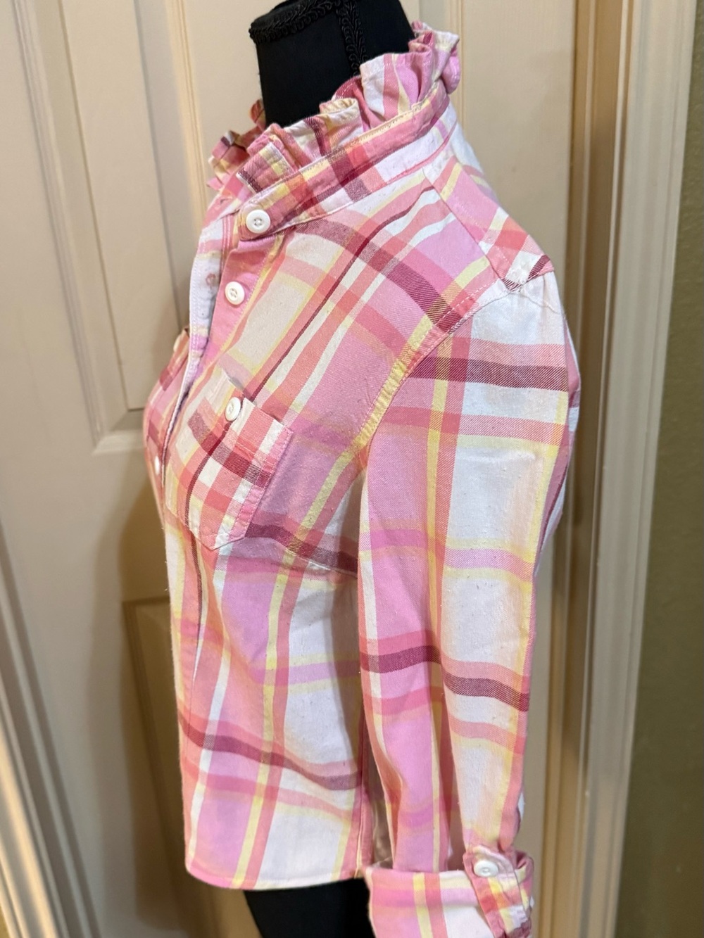 Women’s Upcycled Pink Plaid Ruffle Collar Shirt